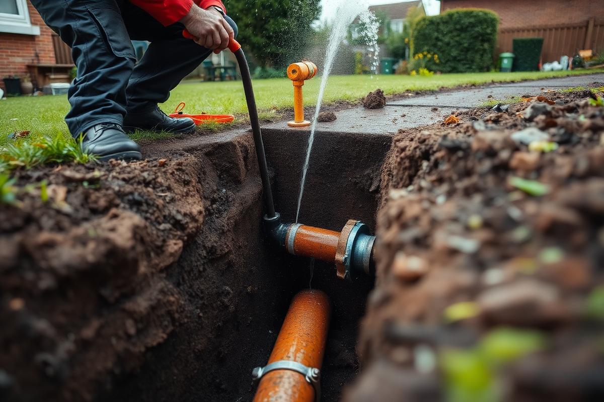 Plumber repairing a burst underground water pipe in a trench