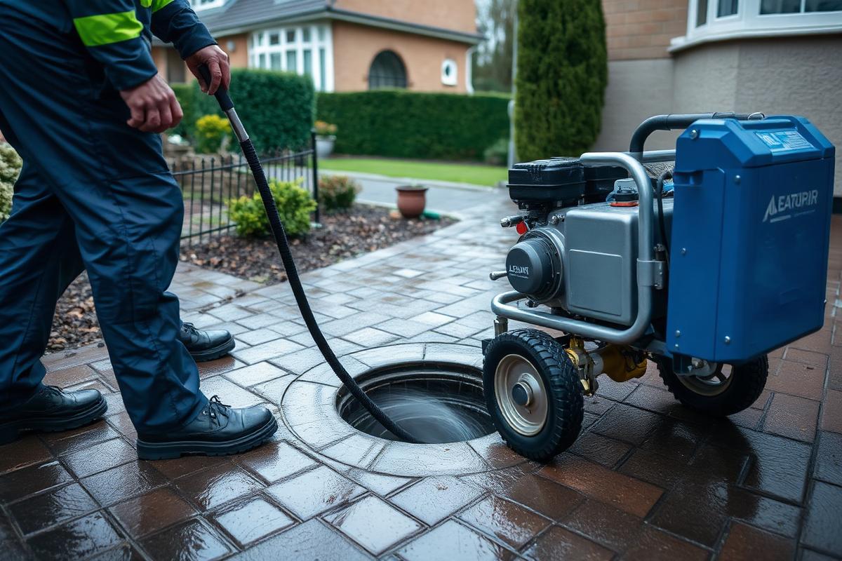 Plumber jetting a blocked outside drain at a Centurion home