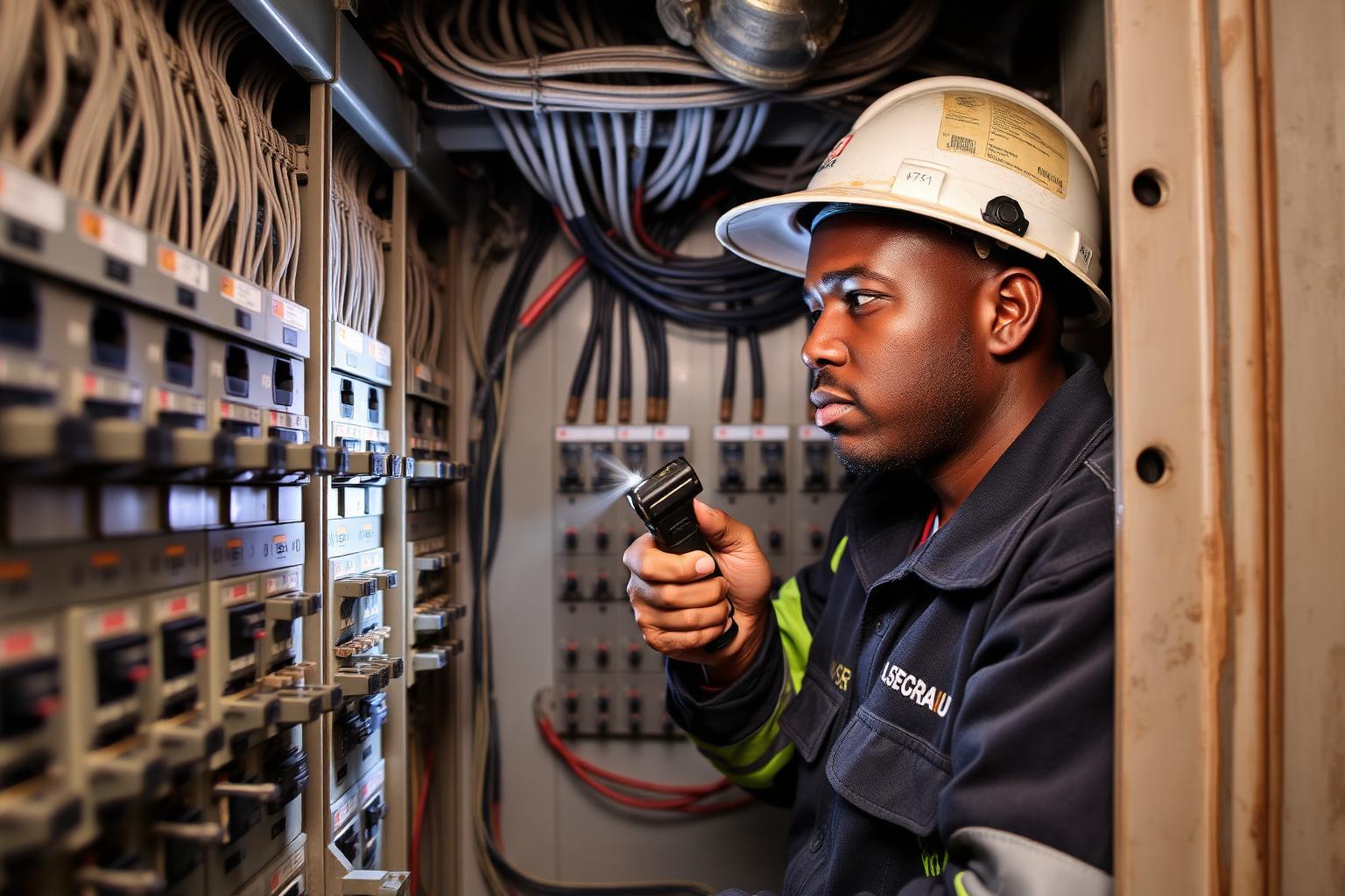 Electrician working inside an open DB board in Centurion