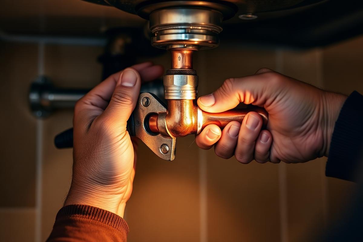 Plumber fitting a waste trap under a basin