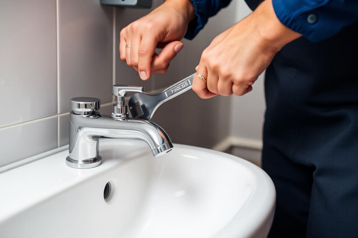 Plumber replacing a basin mixer tap with a wrench